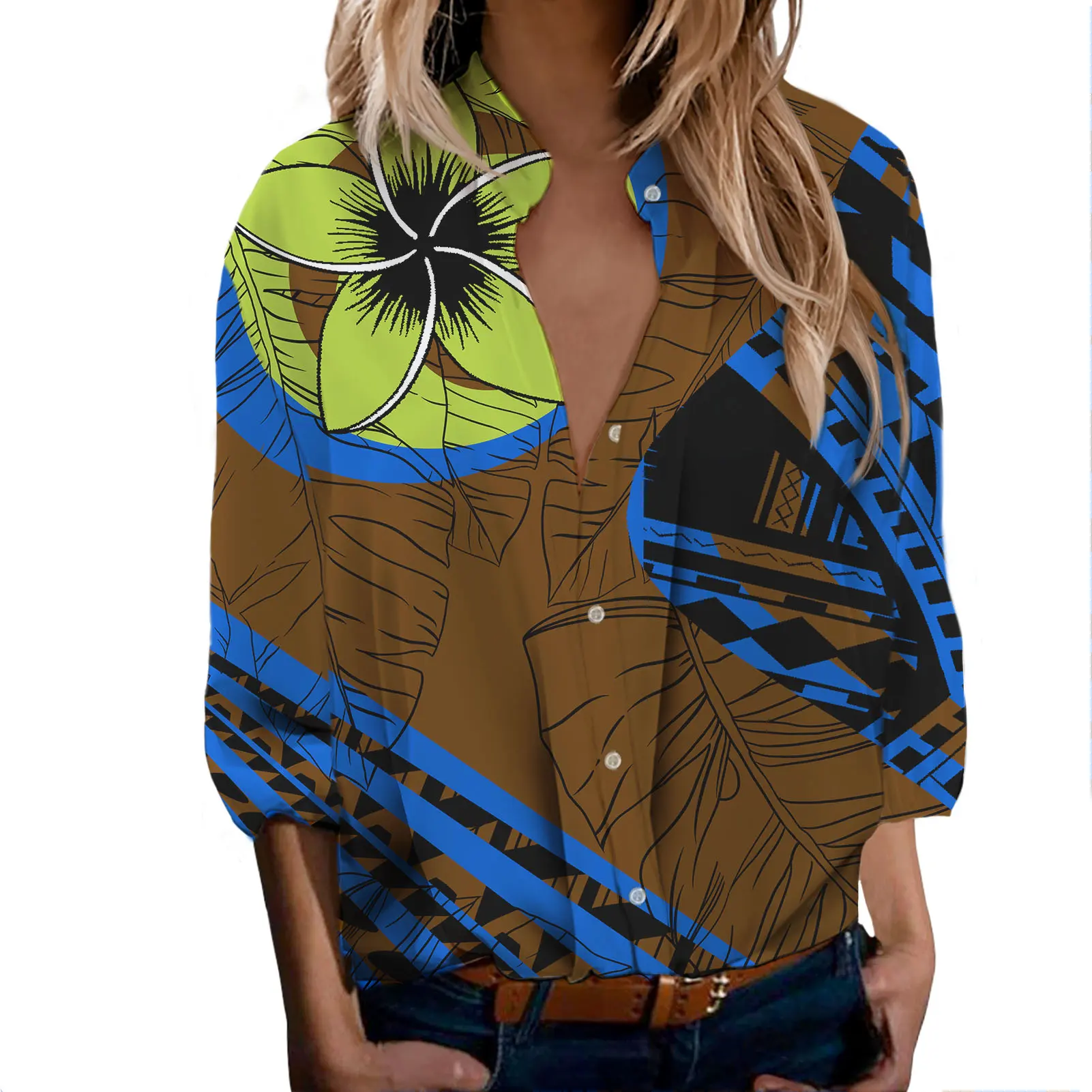 Blusa y camisas modestas informales con cuello en V para mujer, blusa acampanada de lujo, diseño de triángulo polinesio degradado colorido, camisas femeninas