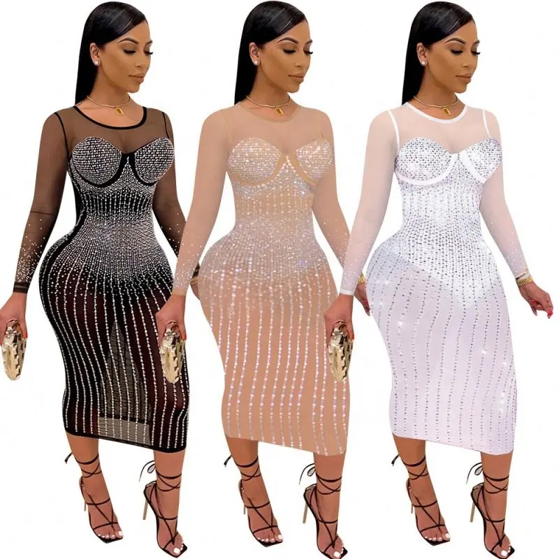 Meilleure vente mode sexy maille transparent diamant clouté perlé à manches longues discothèque robe de bal