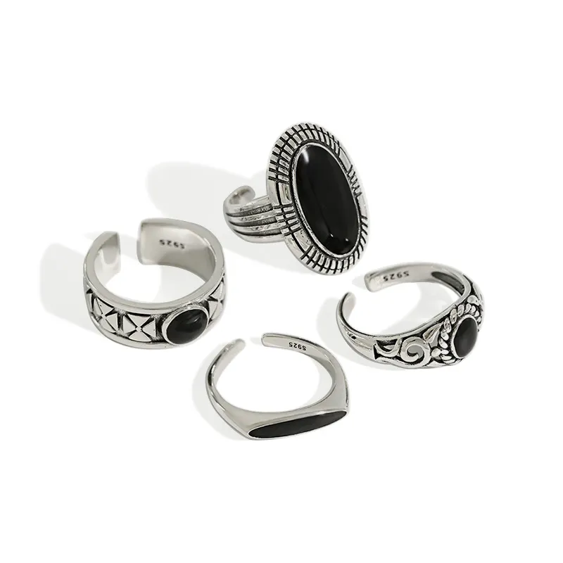 Anéis de dedos epóxi pretos vintage, joia fina prata de lei 925 original com anel ajustável