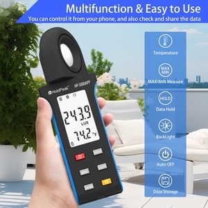 מד אור דיגיטלי כף יד HP-5000APP עם טמפרטורה, מד אור, בלוטות' (1-400000 לוקס), מסך LCD דיגיטלי
