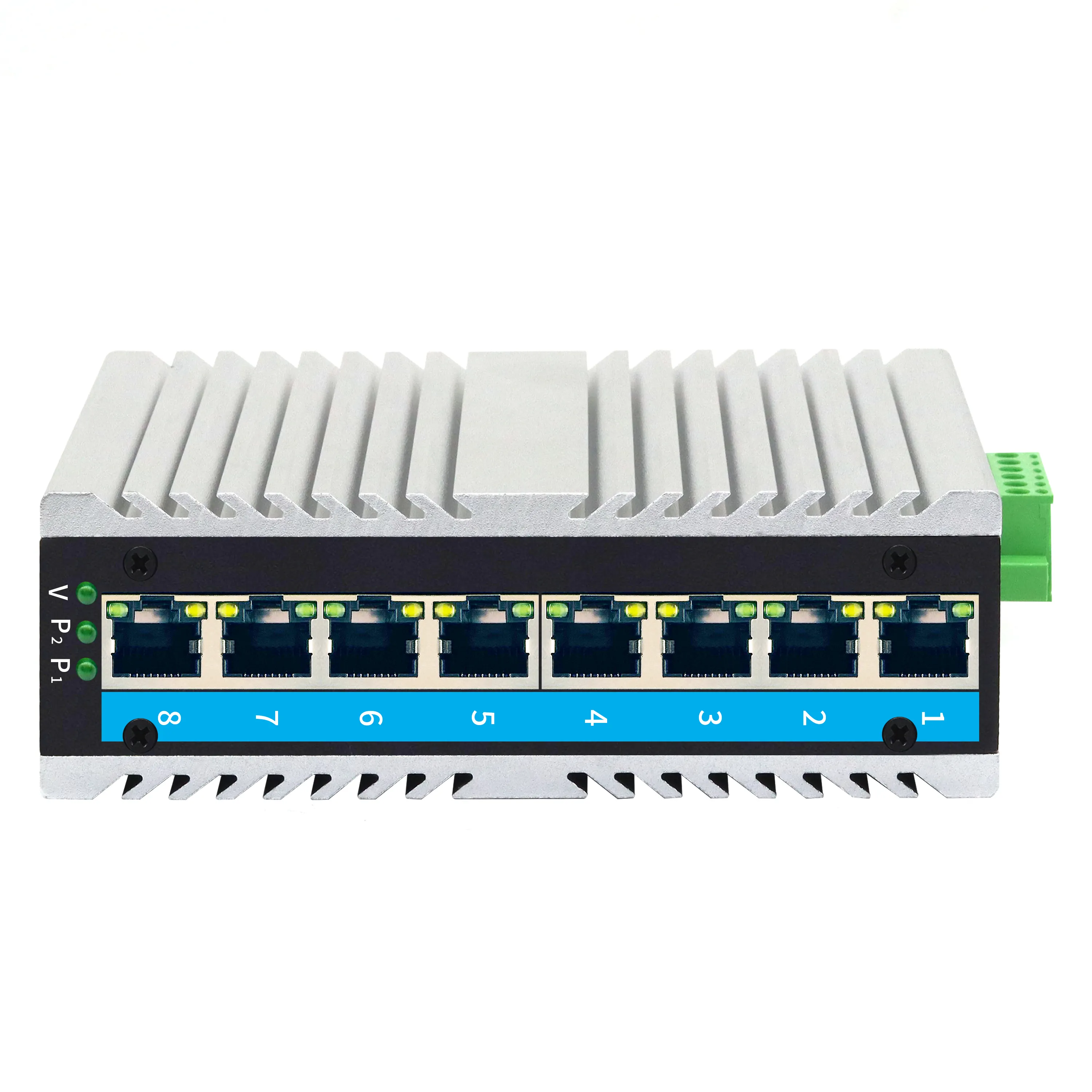 8-port DIN mount penutup daya rendah Teknologi industrial-grade gigabit Ethernet Switch untuk sistem transportasi