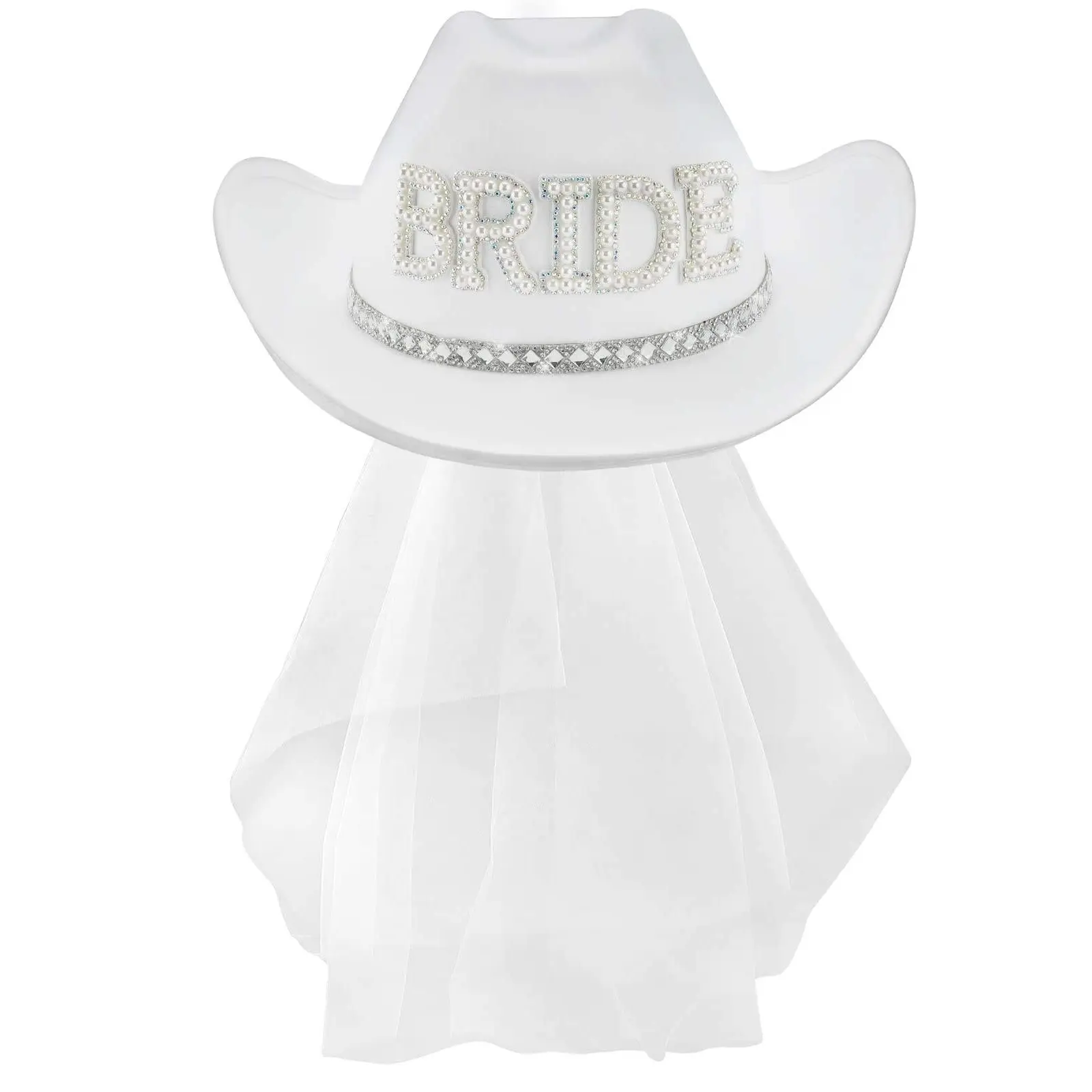 Hstyle Bride's Rodeo nupcial vaquera sombrero despedida de soltera strass blanco vaquero sombreros velo novia para ser regalo disfraz de Halloween