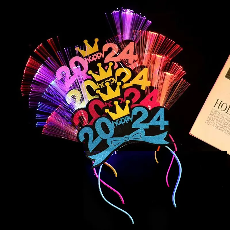2024 Happy Nieuwjaar Kroon Hoofdband Verlichten Hoofdband Happy Nieuwjaar Optische Vezel Led Knipperende Haarband