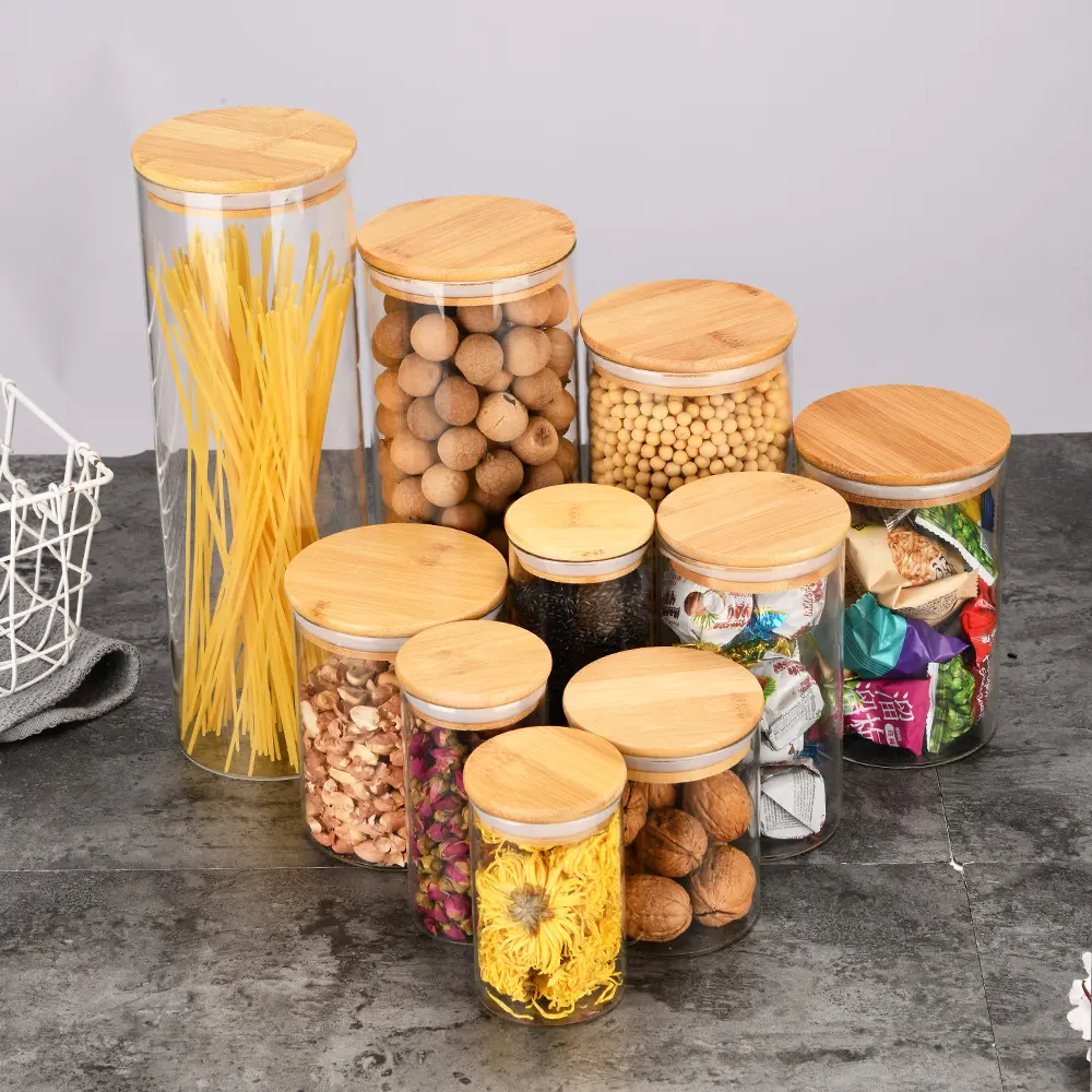 Set di contenitori per alimenti in vetro borosilicato di vendita caldo per la conservazione degli alimenti barattoli e contenitori in vetro personalizzati con coperchi