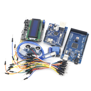Kostenloser Versand Mega 2560 r3 für Arduino-Kit + HC-SR04 + Broadcast-Kabel + Relay-Modul + W5100 Schild + LCD 1602 Tastaturschild