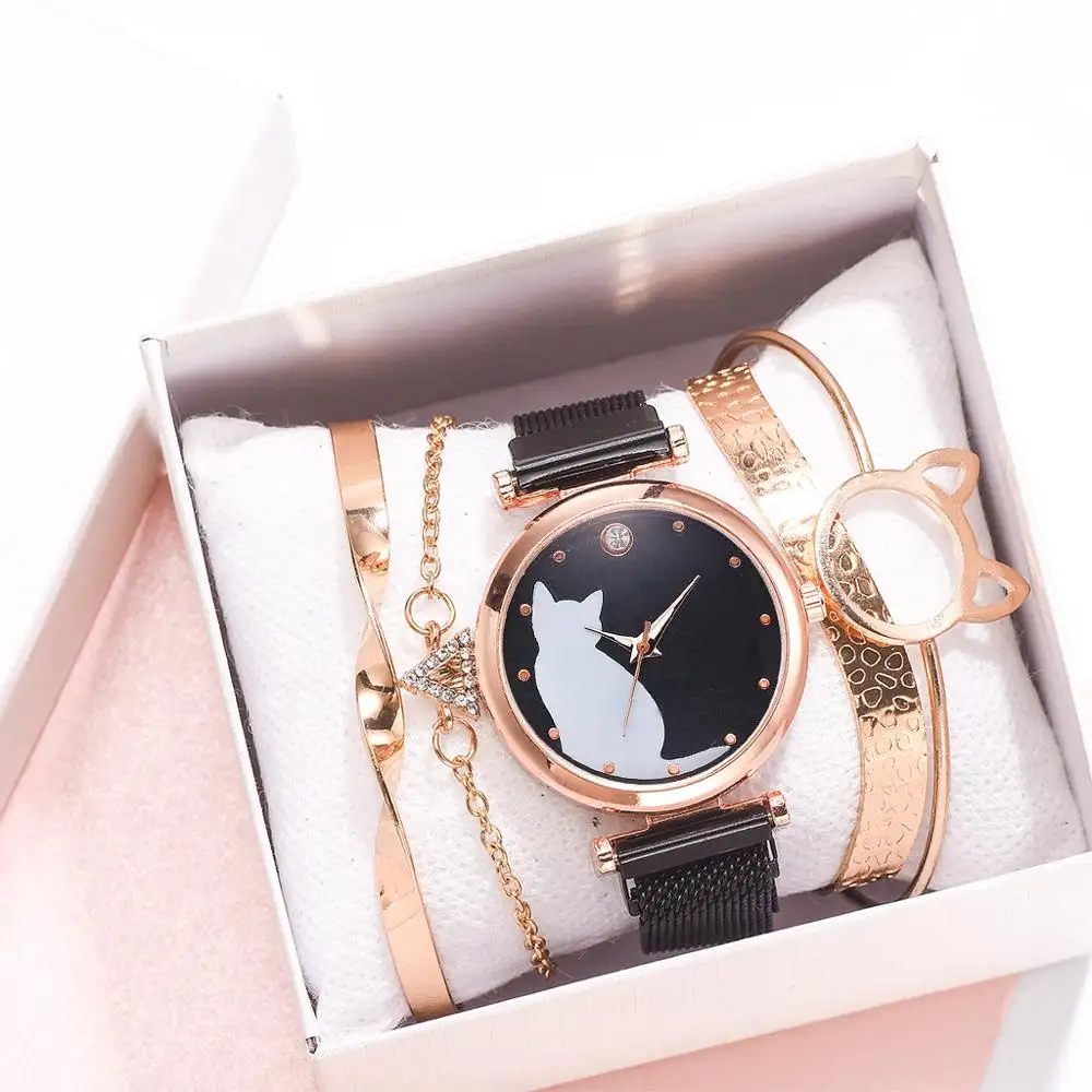 5 unids/set relojes mujer pulsera de oro rosa Set gato negro patrón de imán de reloj de pulsera relojes de lujo reloj de cuarzo