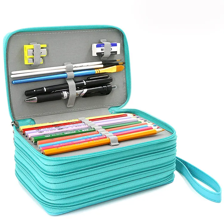 Bolsa de cuero PU multicapa con cremallera grande para bolígrafos, estuche de lápices de acuarela de colores con 72 ranuras, correa de mango, personalizado, 20 Uds.