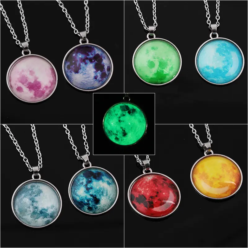 Full Moon Light Round Glass Universe glow in the dark stainless steel Pendant necklace
