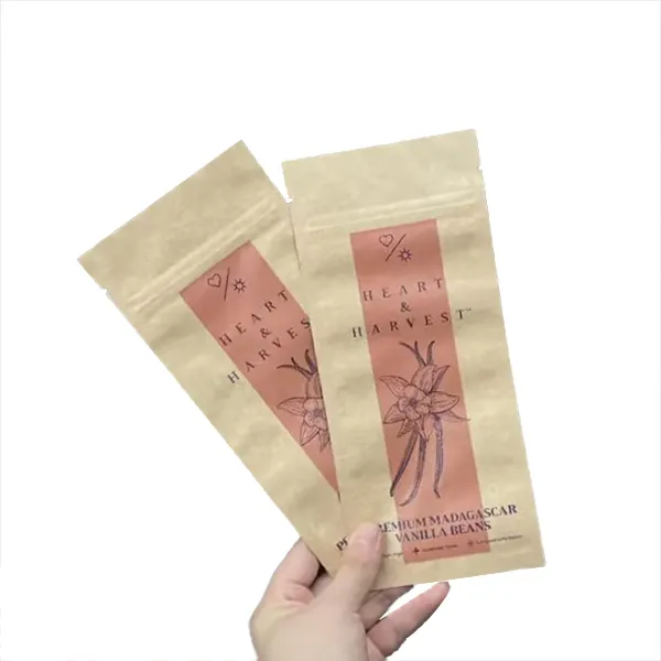 Strip cetak kustom tas kemasan datar kertas kraft sachet sampel segel 3 sisi kecil dengan kunci ritsleting untuk pod kacang vanila