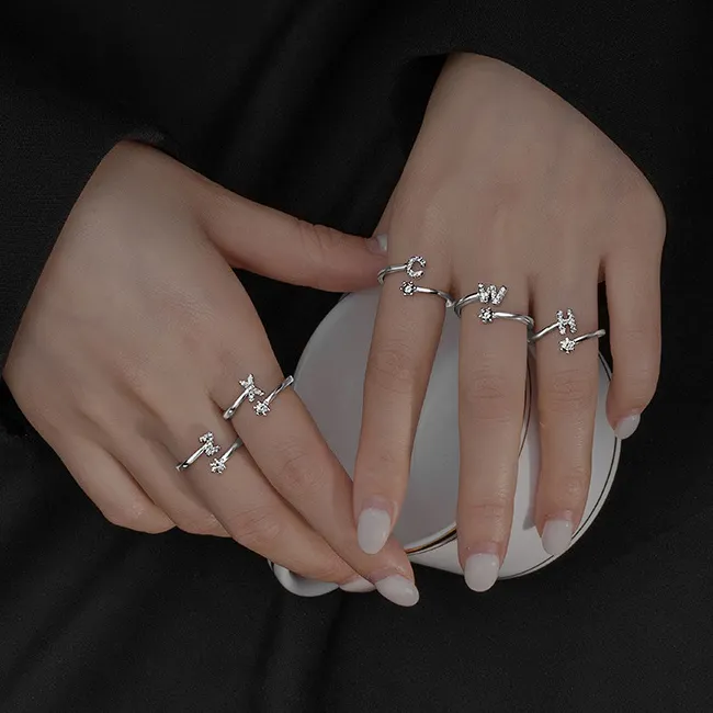 Кольцо из стерлингового серебра 925 пробы, регулируемые кольца на палец с буквами для девочек