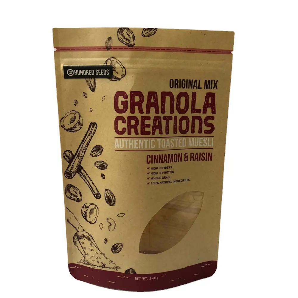 Granola oluşturma tohumları ambalaj 1.25kg 20x30 + 5CM açık kahverengi Zip kilit fermuarlı Kraft kağıt torba