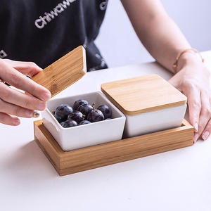 Custom 4pcs Ceramic Condiment <strong>Dish</strong> <strong>White</strong> Snack Bowl Fruit Server Porcelain <strong>square</strong> Serving Dip Bowl <strong>Set</strong> with Wooden Tray - Product Image 6
