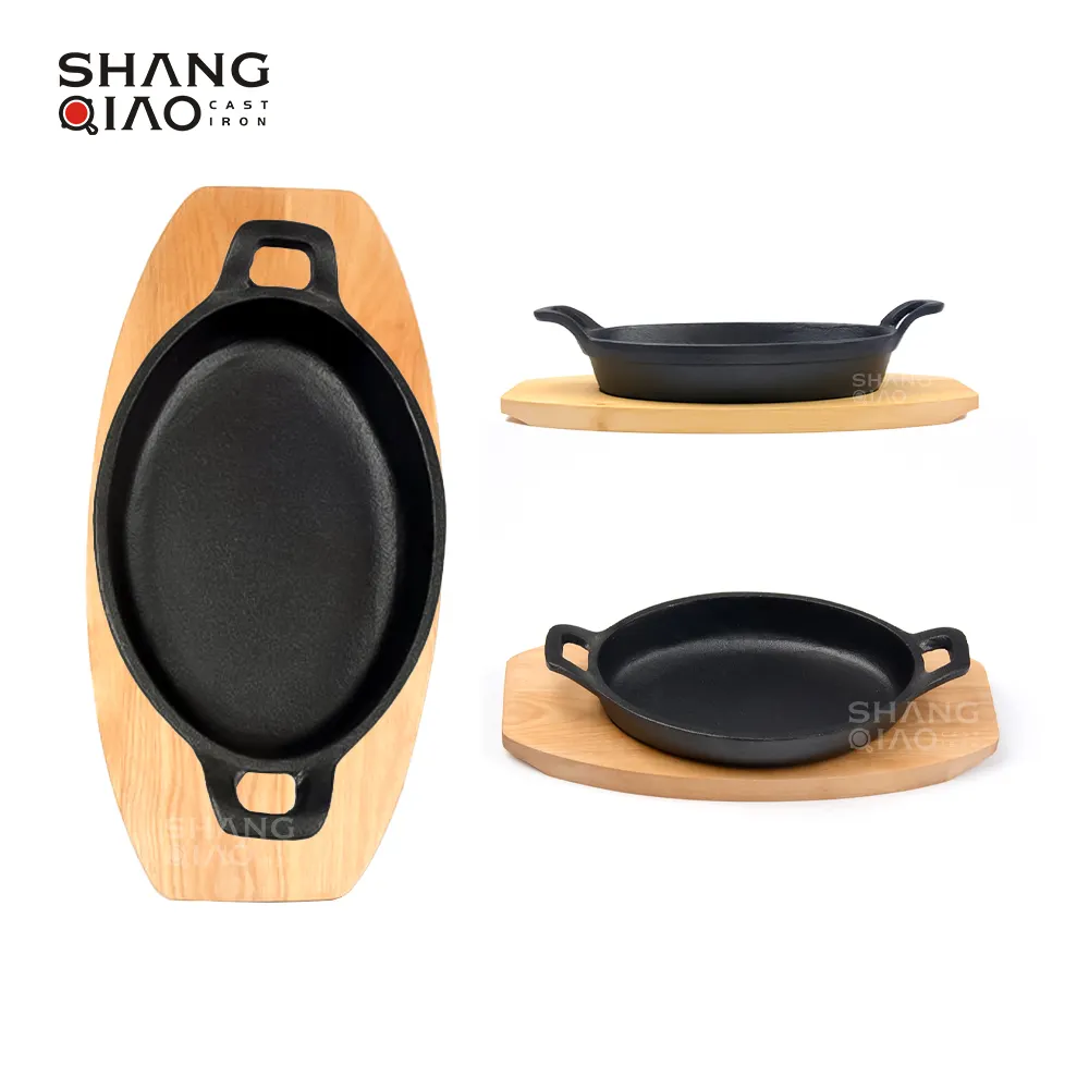 Manufacturer Wholesale Mini oval wooden base Sizzling Plate Cast Iron Pan Gratin Dish