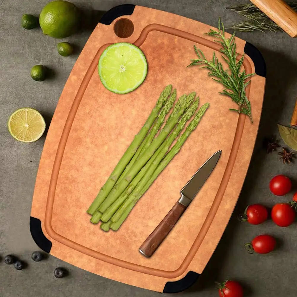 Planche à découper en Fiber de bois 100% naturelle, avec cannelure et coins en Silicone pour la cuisine, ne glisse pas
