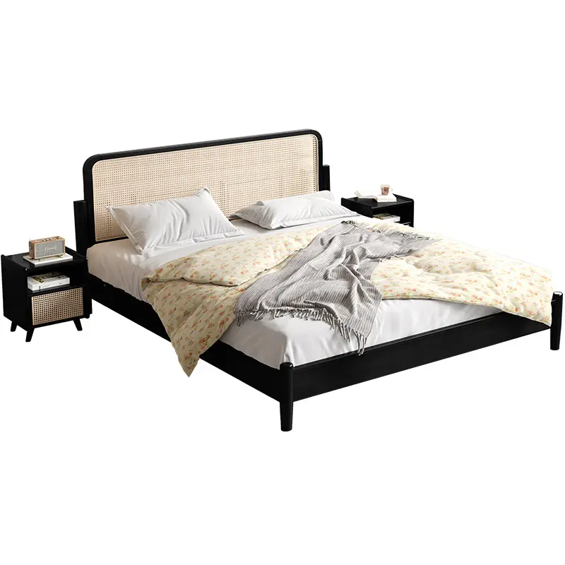 Cadre de lit en bois rubis avec tête de lit et rotin naturel Capacité de 1000 lb Assemblage sans effort Bases et cadres de lit Queen Bedroom