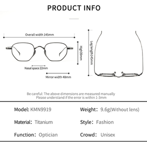 Kmn9919 Cao Tinh Khiết Titan Khung Quang Học Chất Lượng Tốt Kính Cho Nam Giới Và Phụ Nữ Titan Khung Kính Một Mảnh Mũi Pad - Product Image 6