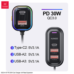 XUNDD Fast Charging Multifunctional PD 30W Car <strong>Charger</strong> with Rear Expansion 1.5m Data Cable 3 Ports Car <strong>Charger</strong> - Product Image 2