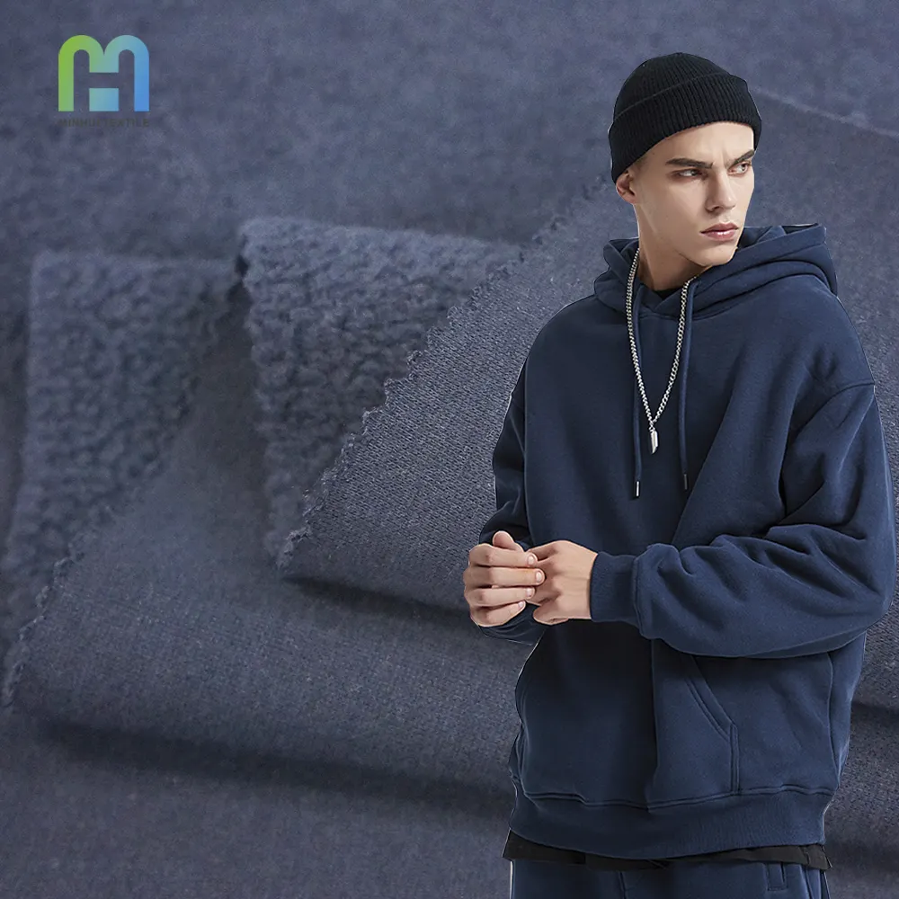 Colores vivos 380gsm tela polar teñida en línea ropa con capucha tienda de tela para Sudadera con capucha y sudaderas para hombres