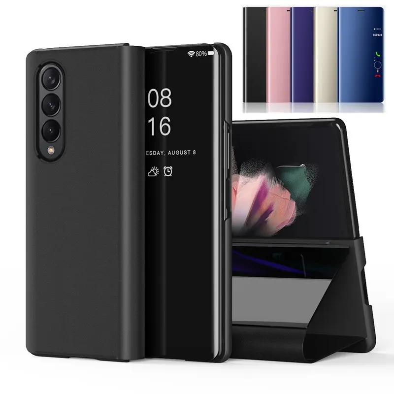 Nova Chegada Capa De Couro Espelho para Samsung Z Fold 5 - Flip Phone Case com Suporte e Titular Do Cartão