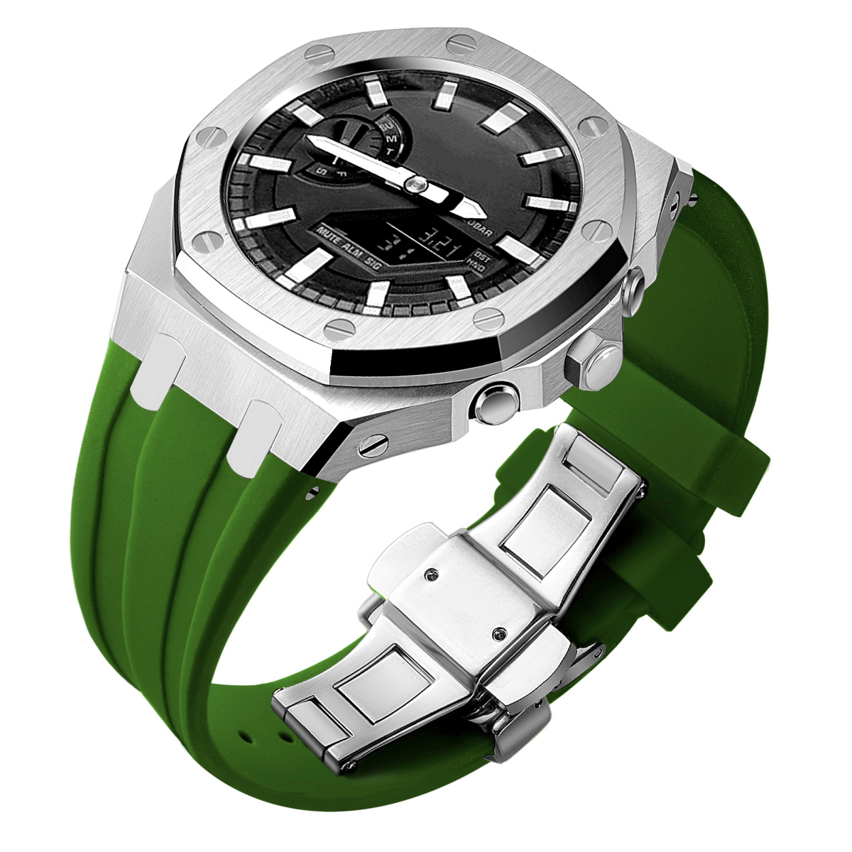 Boîtier argenté + bracelet vert