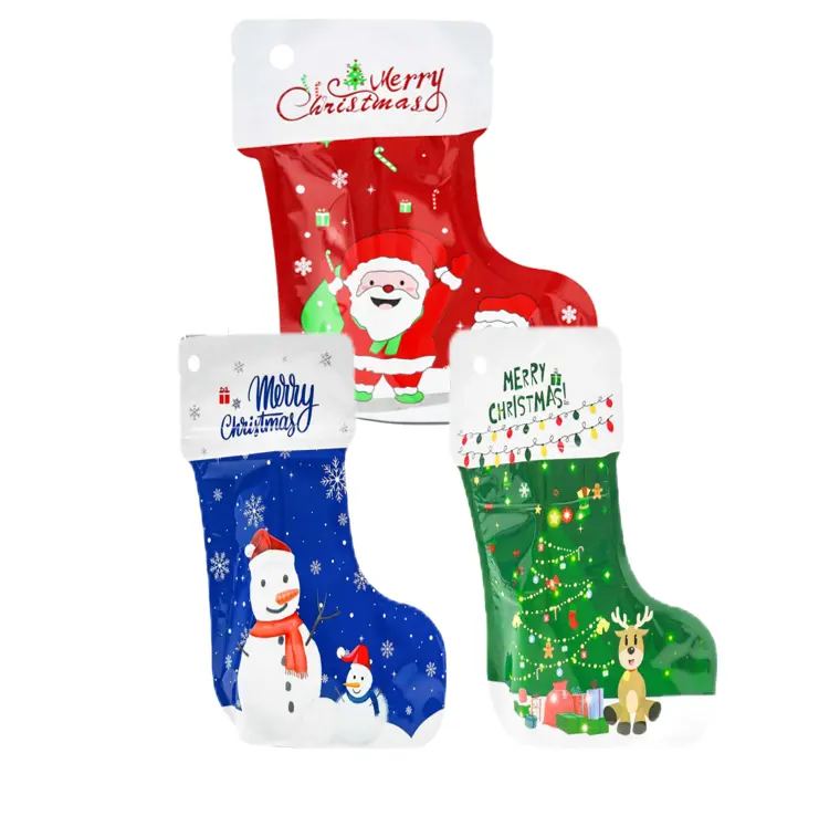 Bolsa de pie con cremallera de caramelo de Navidad al por mayor, decoración de forma especial, bolsas de embalaje para regalo, bolsa de plástico para Ziplock Navidad