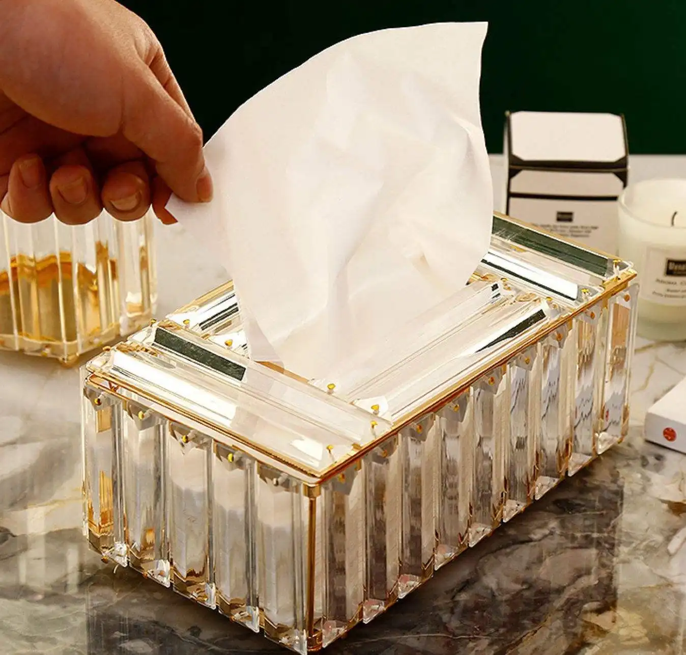 Handmade Golden Decorative Crystal Tissue Box Metal Bead Tissue Box for Wedding Party European Tissue Holder