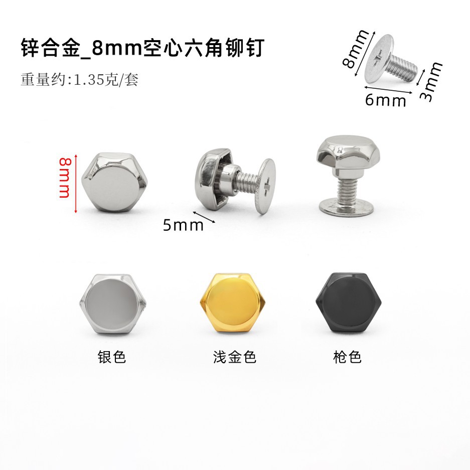 Remaches hexagonales huecos de aleación de zinc de 8 mm, tornillos Phillips de 6 mm