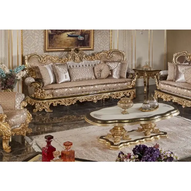 Muebles de madera de diseño tallado de Dubái para el hogar, sofá de tres plazas, botón, tapizado de tela, conjunto de sofá para sala de estar