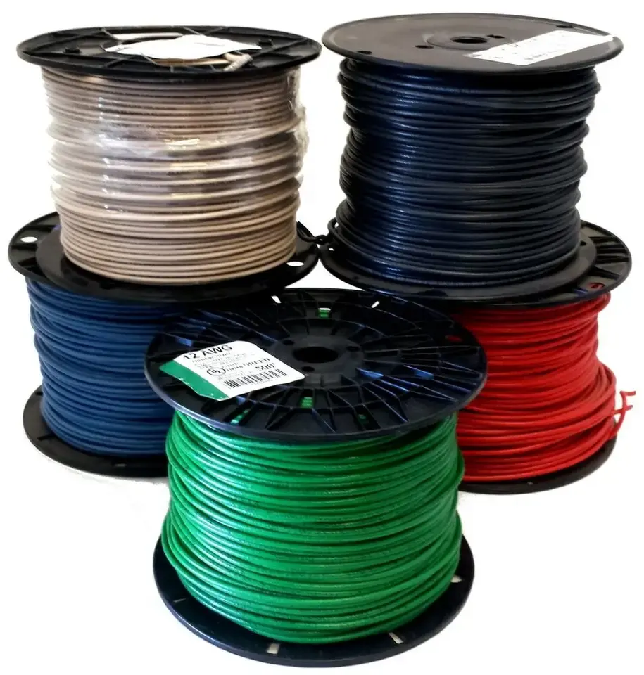 Cable eléctrico THHN de construcción de cobre trenzado, cable de PVC con aislamiento azul, cable de chaqueta de PVC, 10 Ga Thhn trenzado negro, rollo de 500'