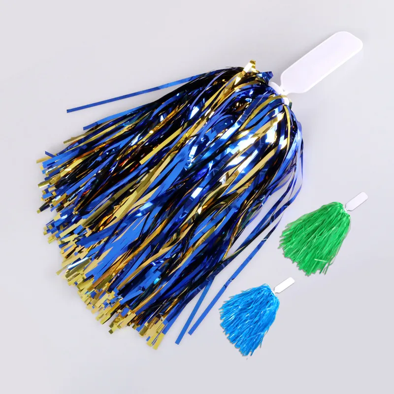 Pompons de ligação com logotipo personalizado, alça plana 25g 50g 100g, amarelo fosco, para equipe cheerleading, tecido metálico, enfeites de lantejoulas, cheerleadingPom