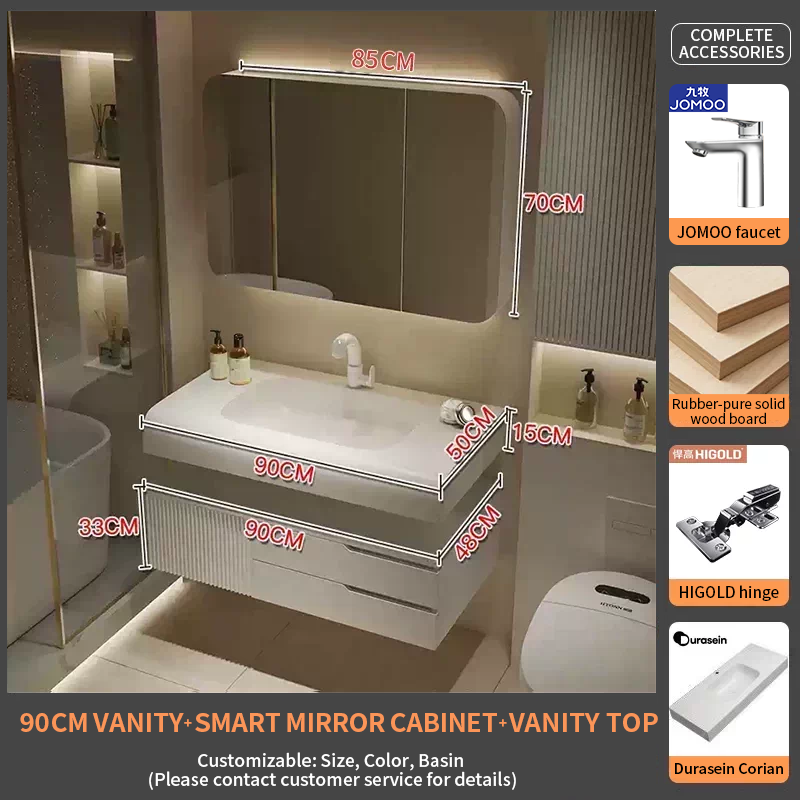 90Durasein Countertop + Curved Smart Mirror Cabinet
