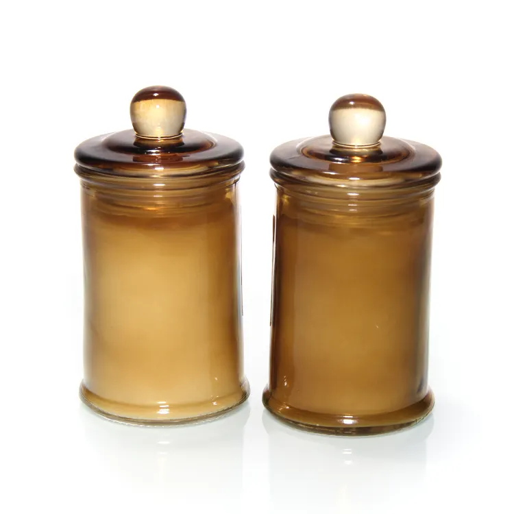 Venda por atacado de luxo vidro vazio marrom âmbar vela jarro vestidos com tampas e caixa de presente para a fabricação de vela perfumada de cera de soja
