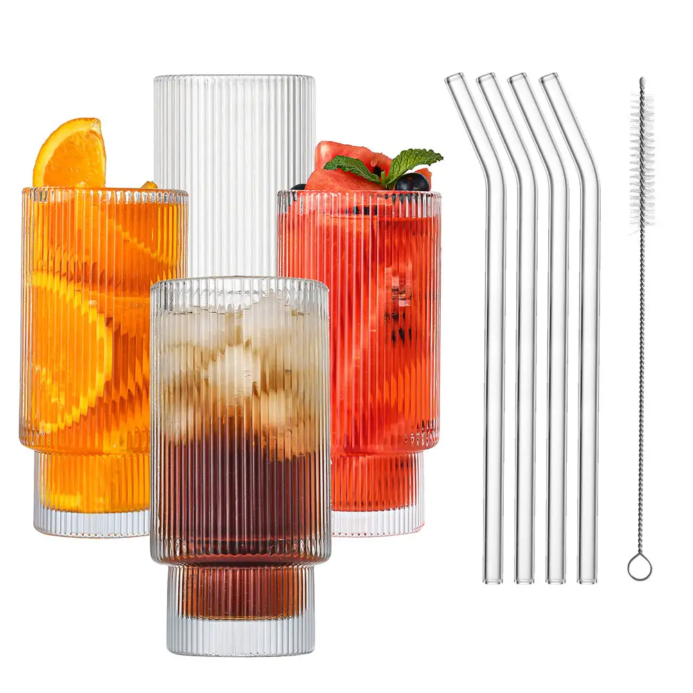 Tasse à boire en verre à motif vertical de 350ml avec couvercles en bambou et pailles en verre tasse de jus de lait tasse en verre borosilicate résistant à la chaleur