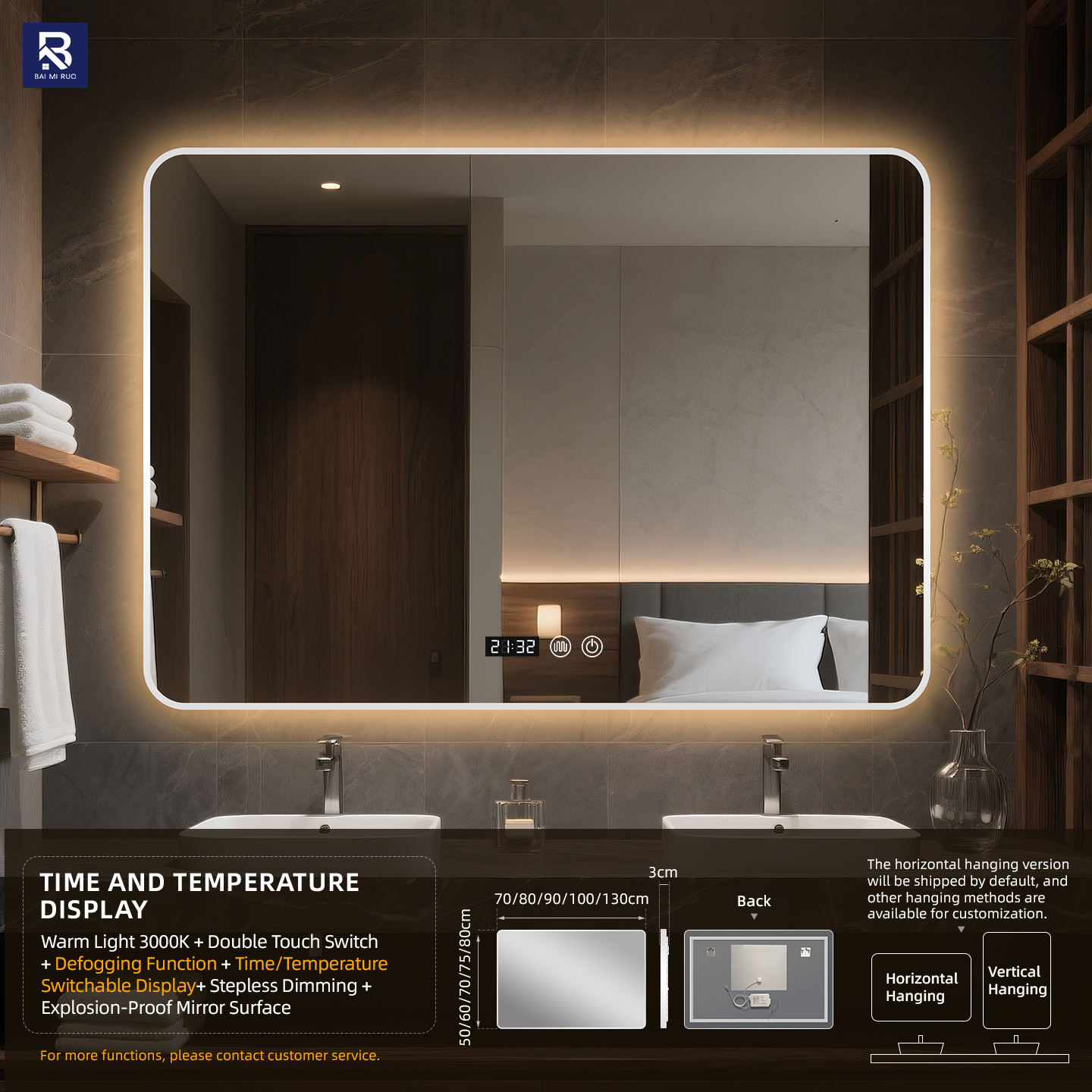 Bianco+Display orario e temperatura+Doppio tocco+Luce calda+Disappannatore