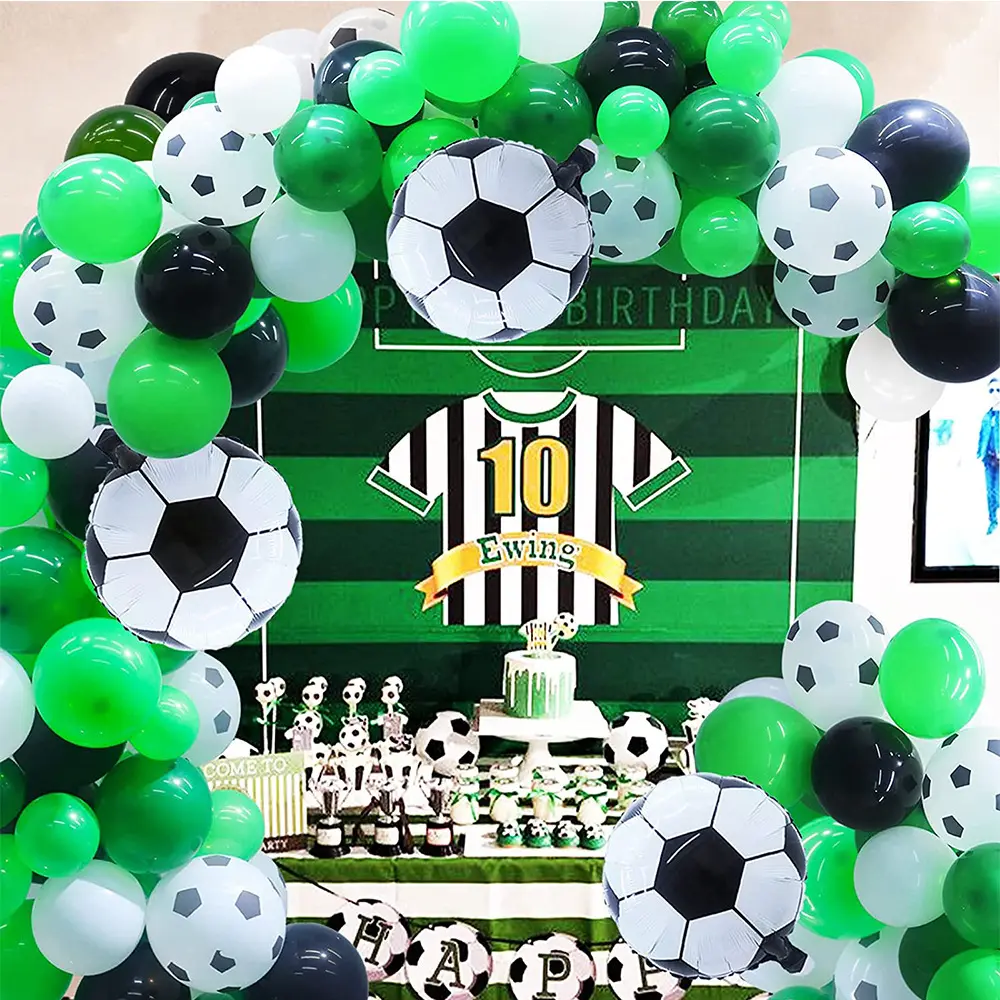 Kit de arco de globos de fútbol, suministros de fiesta de tema de fútbol, decoraciones con globos de fútbol verdes, blancos y negros, 105 Uds.