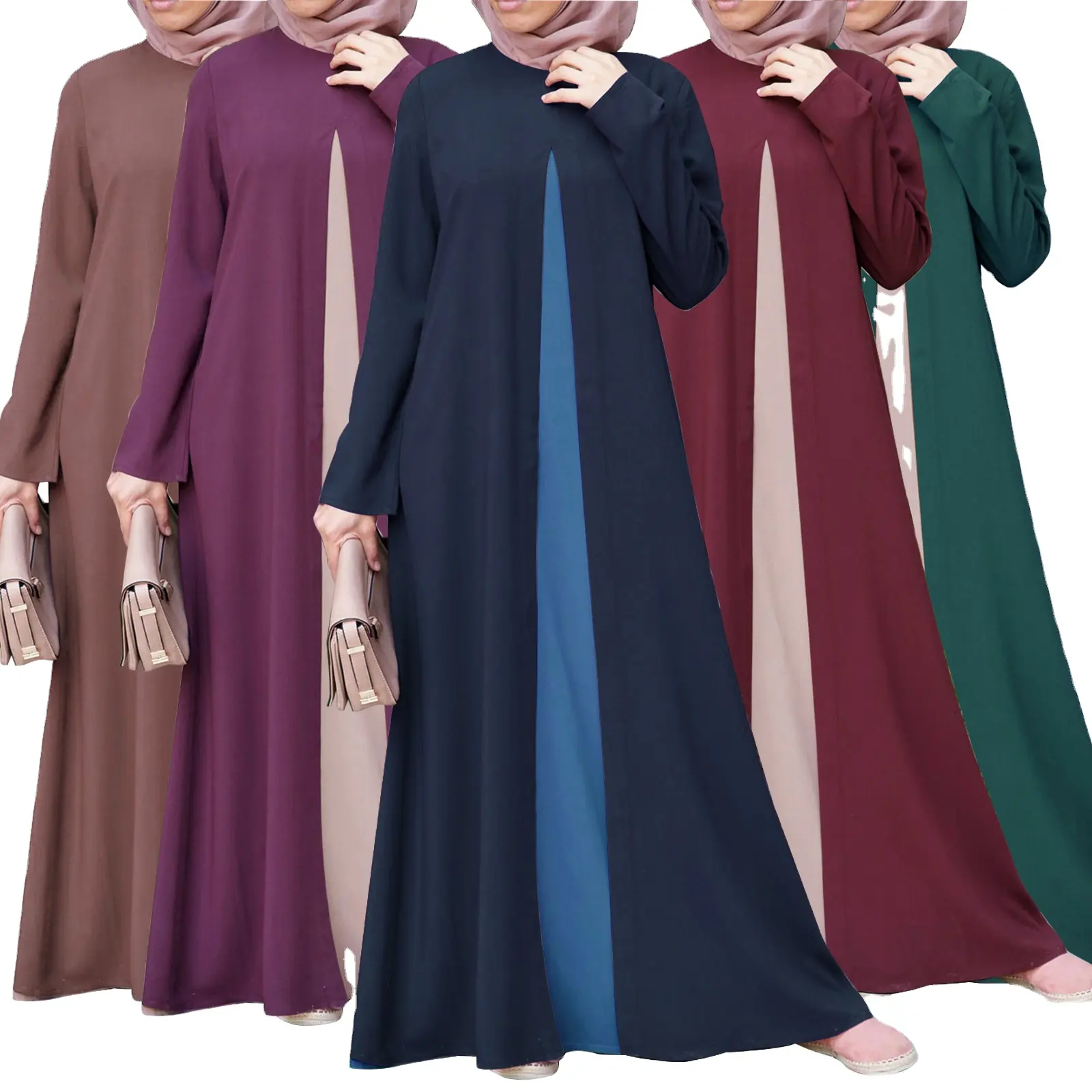 بيع بالجملة شيفون سيدة مسلمة كتان بألوان متباينة تنورة يومية طويلة الأكمام