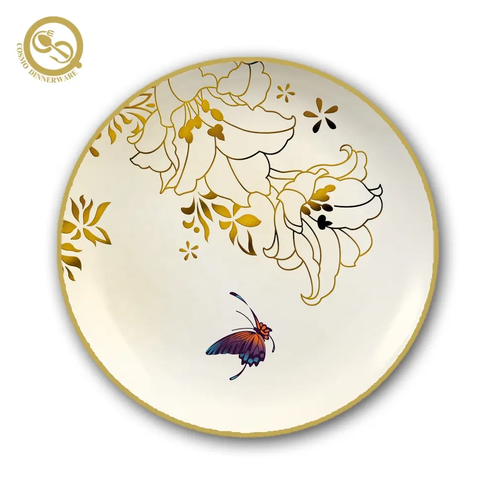 Lusso nuovo design bordo oro ceramica bone china 10.5 12 8 6.5 pollici piatto in porcellana set da tavola fiore stoviglie per ristorante