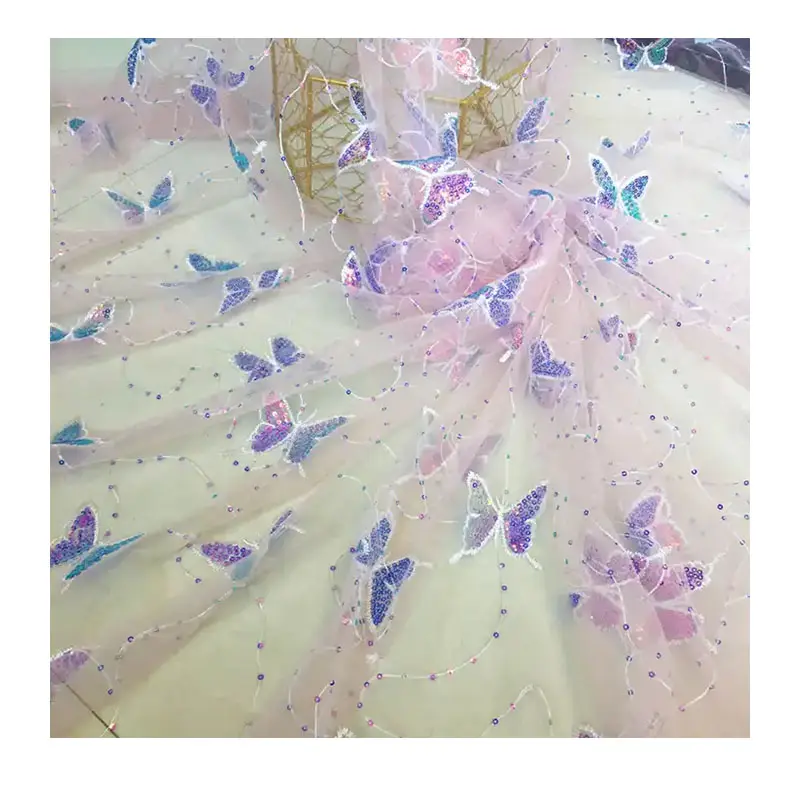 Vestido de borboleta, vestido de casamento solúvel em água, bordado, rede de borboleta, lantejoulas, malha de tule, rede de borboleta