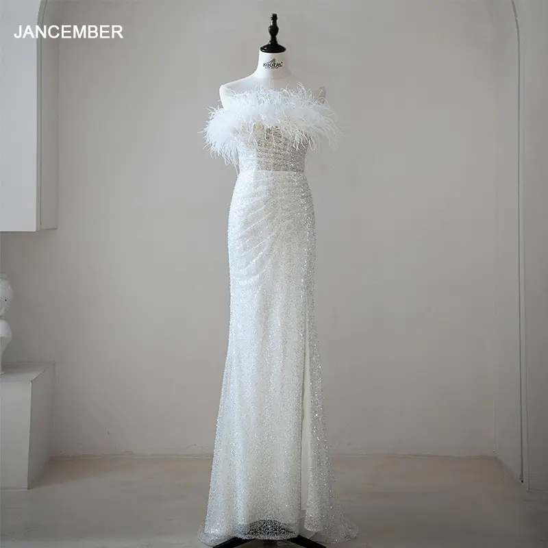 Jancember QW01909 all'ingrosso sirenetta bianca con paillettes e piume sposa taglie forti alla moda eleganti abiti da sposa 2023 abito da sposa