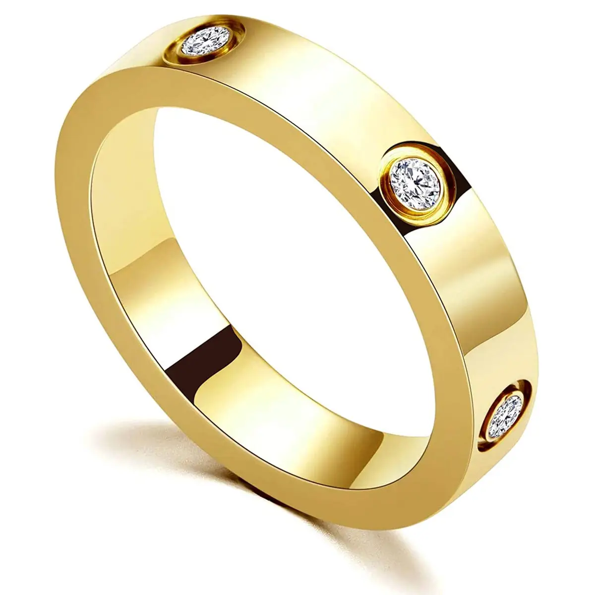 แหวนแต่งงานชุบ PVD เซอร์โคเนียทรงลูกบาศก์,แหวนสแตนเลสสีทองโลโก้แบบกำหนดเองได้ปี18K