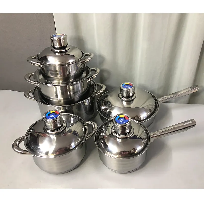 12pcs stainless steel heavy 7-layers capsule bottom non stick with kettle steel cover cookware cooking set with thermograph knob