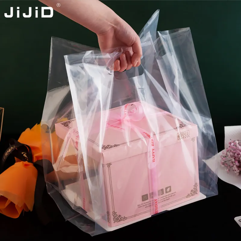 JIJID sacchetto di plastica trasparente con manico grande contenitore alimentare imballaggio Tshirt borsa per feste torta Die borse con manico