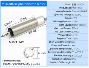 Fabbrica vendita al dettaglio di fascia alta 300mm rilevamento PNP regolabile NO + NC piastra M18 sensore fotoelettrico diffuso per l'automazione industriale - Product Image 6