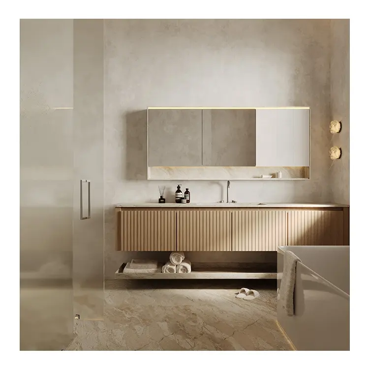 Granite marble wood modern floating double sink bathroom vanity cabinet lighting with mirror wash basin for hotel bathroom
