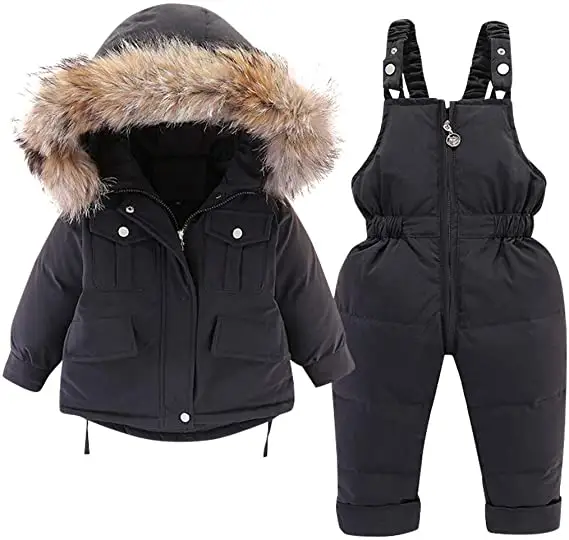 Kids Snowsuit Winter Hooded Down Jacket Snow Bib Pants 2PCS Baby Girls Lightweight Fashionable Ski Suit for Toddler 1-4 Years
