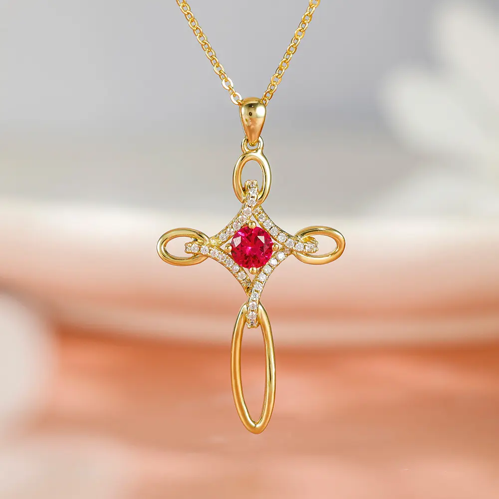 Grace Jewelry Big Red Gemstone Ruby Vintage Cool Gold Plated Unique Wholesale Sterling Silver Cross Pendant