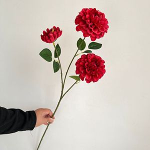 人造花3头深色大丽花家居客厅装饰小菊花婚礼背景