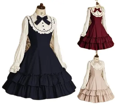 Süße Mädchen Vintage schlankes Baumwoll kleid Lolita Classic Mary Magdalena Frauen Fliege Rüschen Schicht Prinzessin Mini Kostüm für Damen