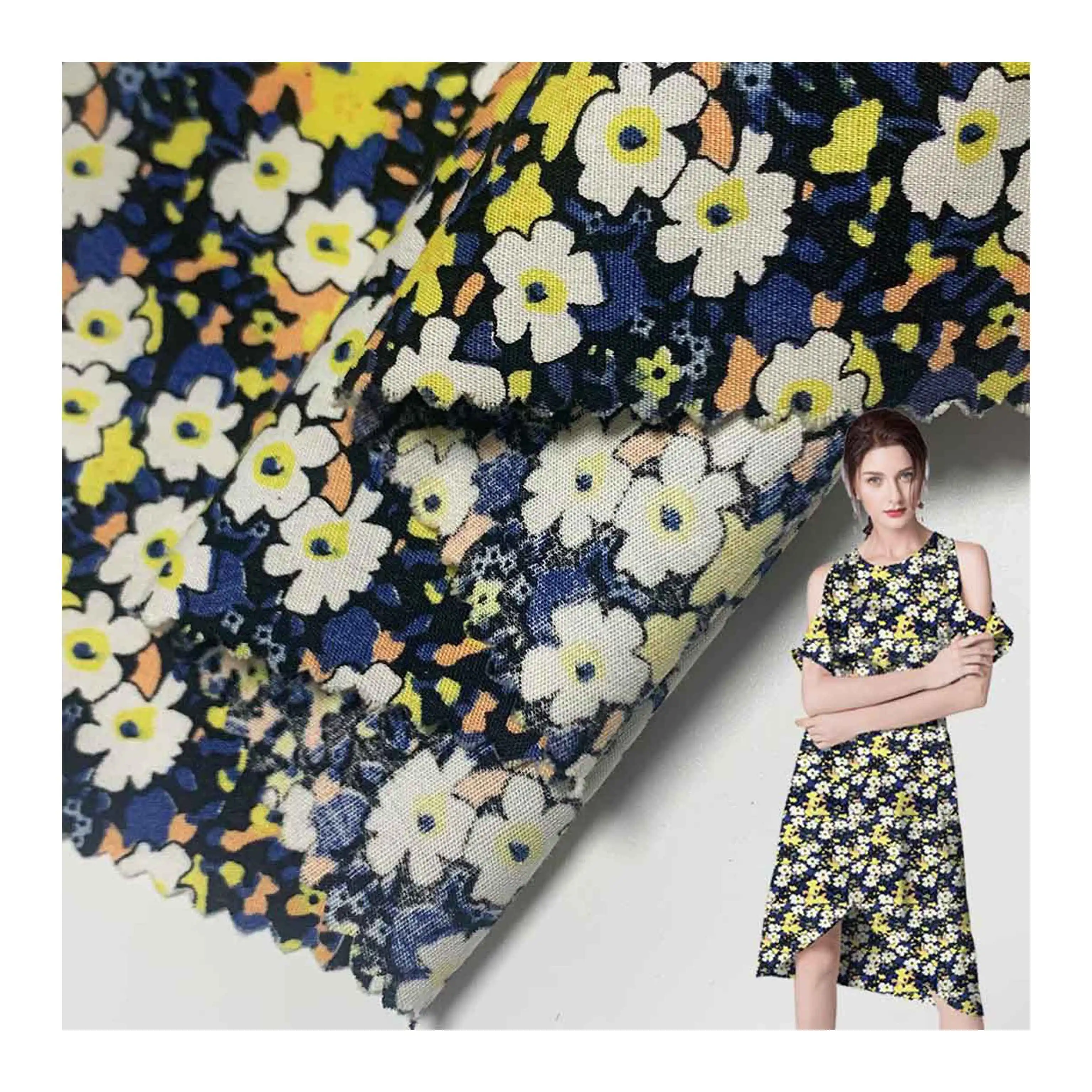 China Shaoxing Factory Tela tejida cómoda y transpirable con estampado floral digital Algodón puro para vestidos