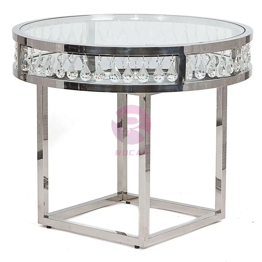 Mesa de pastel de Metal plateado brillante boda redonda oro Acero inoxidable Metal cristal transparente superior Bar mesa de pastel para boda